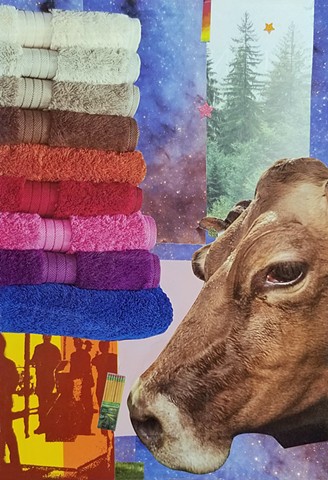 mixed-media collage on paper cow's head stack of rainbow towels ever green trees outer space and Ticonderoga pencils by Holly Campbell