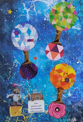 mixed-media collage on paper with Sandy Squirrel lollipop shaped trees outer space swiss cheese brick home and glittery stars by Holly Campbell