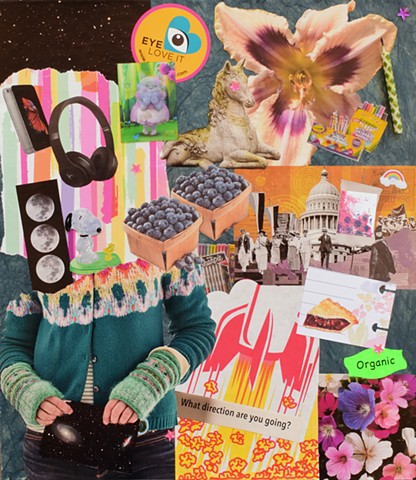 contemporary collage on paper mixed-media collage with stickers ephemera giant lily snoopy headphones outer-space rocket-ship and cherry pie mixed-media collage on paper by Holly Campbell