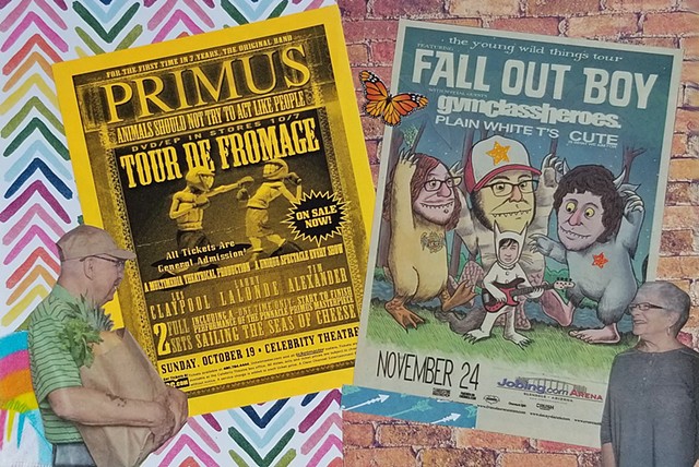 mixed-media collage on paper man delivering groceries Primus and Fall Out Boy concert flyers chevrons and brick wall backgrounds by Holly Campbell