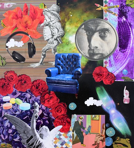 mixed media contemporary collage on paper m.c. escher frog and toad headphones outer space mono printing crayons roses blue leather armchair clouds smarties angels birdman frogs by Holly Campbell