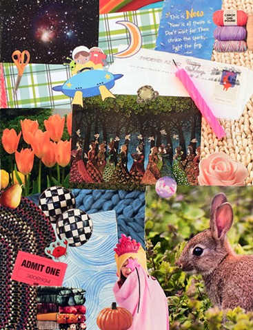 contemporary mixed-media collage on paper with candles checkerboards rabbits birthday candles spaceships orange tulips blue yarn rugs crab stickers princess cresent moon by Holly Campbell