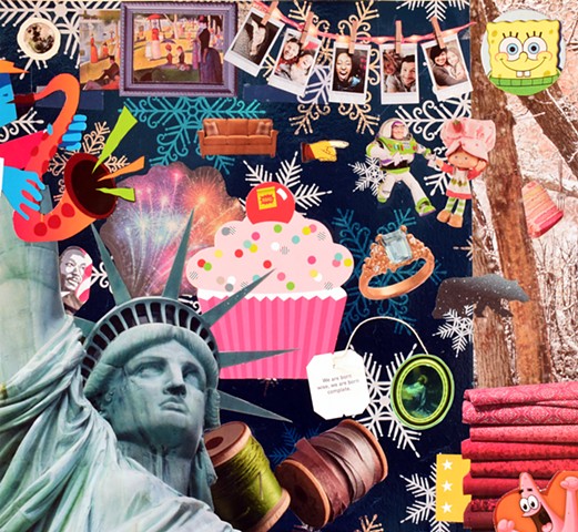 contemporary  mixed-media collage Lady Liberty statue of liberty cupcakes La Grands Jatte Georges Seurat space bears spools of ribbon couches Spongebob Squarepants by Holly Campbell