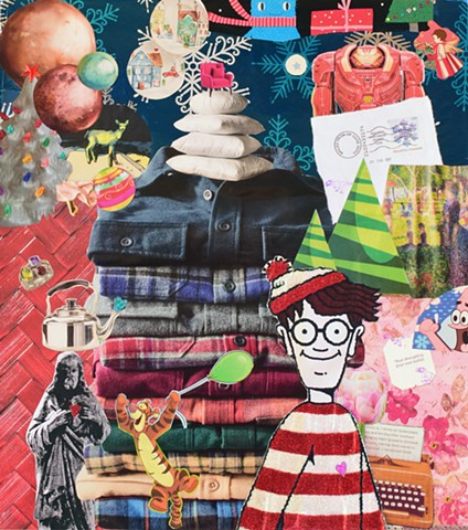  mixed media collage Waldo flannel shirts Jesus sunny afternoon on La Grands Jatte Patrick Starr snowflakes by Holly Campbell