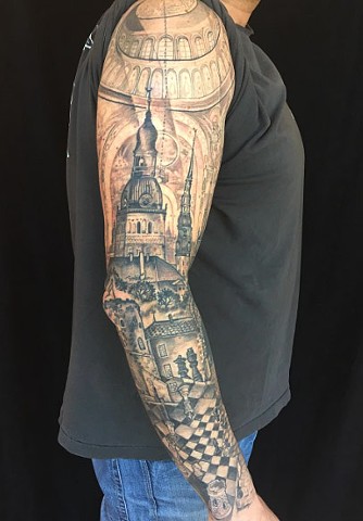 Architecture and chess sleeve tattoo