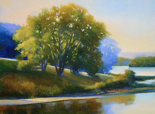 painting of tree on river banks by Janine Robertson