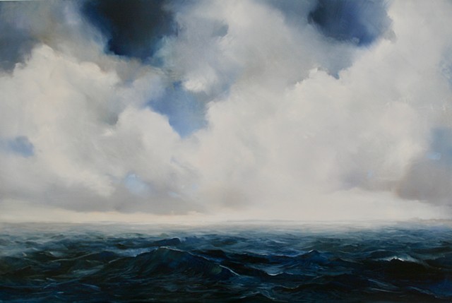 oil painting of deep blue sea and waves with clouds above