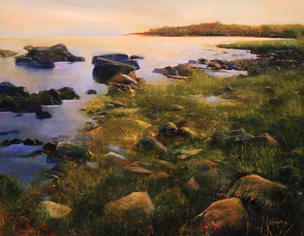 oil painting rocks water of coastal Connecticut by Janine Robertson