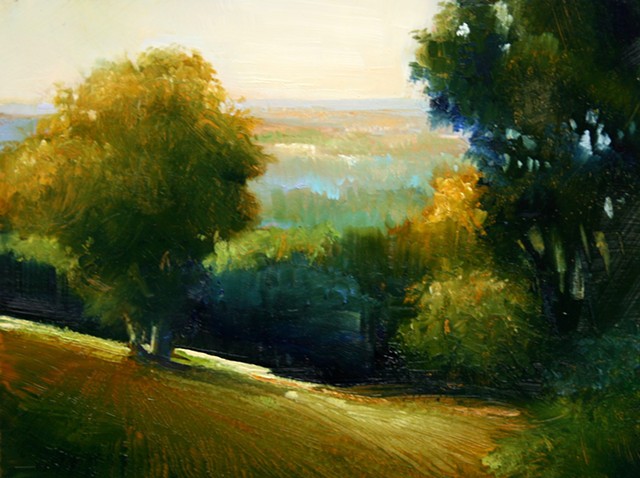 Oil landscape painting on copper with trees and valley view by Janine Robertson