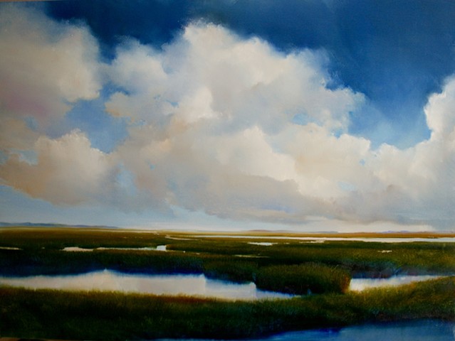 oil painting of bright blue sky clouds marsh by Janine Robertson