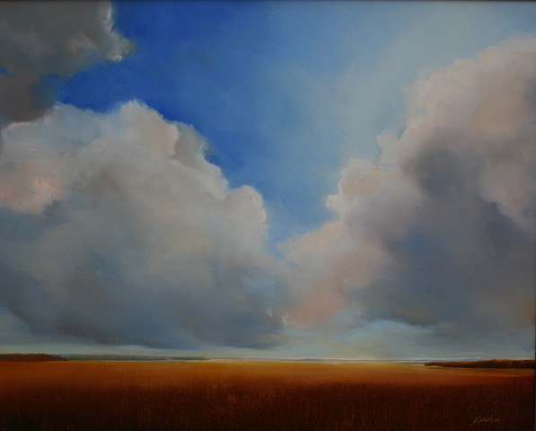 painting of blue sky clouds salt marsh by Janine Robertson