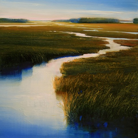 Luminous Oil painting on copper of winding salt marsh by Janine Robertson