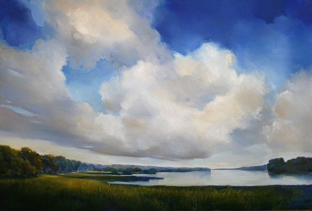 Oil landscape painting of blue sky with clouds at Yale New Haven Hospital