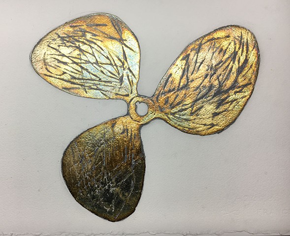 Patinaed silver leaf on paper of a propeller