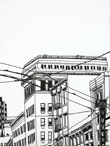 The buildings speak their history. Ink on paper. Art by E Dyer