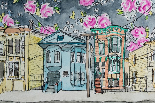 San Francisco Hoods #2. Watercolor and ink on paper. Art by Eric Dyer