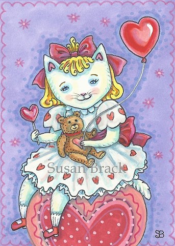 Valentine Baby Kitten Cat Feline Heart Susan Brack Folk Art Illustration EBSQ ACEO