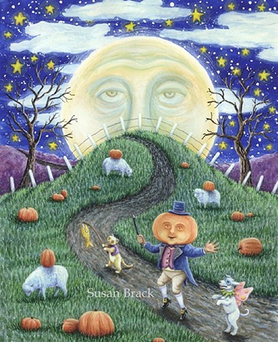 Halloween Man In The Moon Pumpkin Man Dog Susan Brack Folk Art Illustration EHAG EBSQ