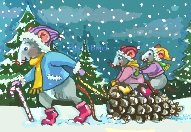 Christmas Baby Mice Mouse Rat Pinecone Sled Holiday Susan Brack Art EBSQ Humor