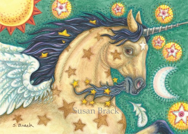 Unicorn Buckskin Pegasus Flying Horse Mustang Equine Fantasy Susan Brack Art License