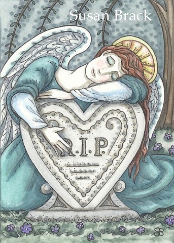 Grave Cemetery Grieving Guardian Angel Mourning Susan Brack Art Illustration Ink
