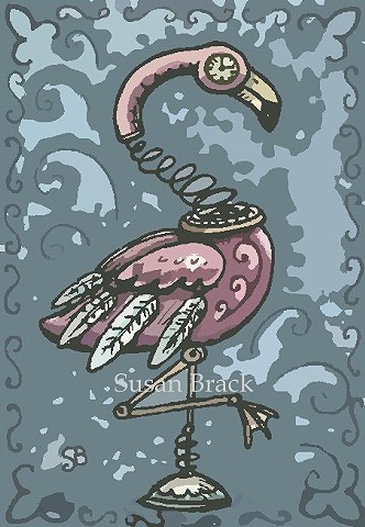 Pink Flamingo Bird Steampunk Gears Goth Gothic Susan Brack Art Illustration License