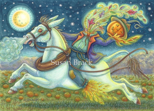 Sleepy Hollow Headless Horseman Scarecrow White Mule Halloween Susan Brack Folk Art