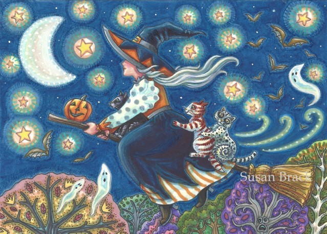 Halloween Cats Witch Flying Broomstick Portrait Susan Brack Folk Art Illustration Licensing