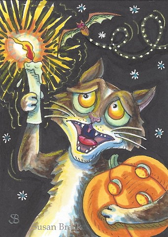 Scaredy Black Cat Feline Candle Jack O Lantern Halloween Susan Brack ACEO EBSQ