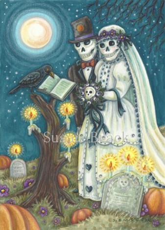 Cemetery Wedding Skeleton Bride Groom Crow Halloween Susan Brack