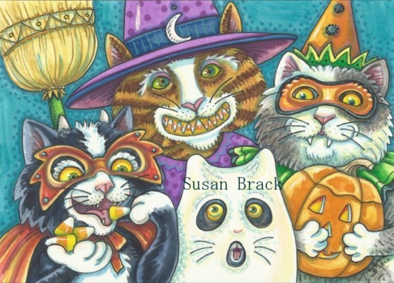 Halloween Cats Feline Kitten Costume Ghost Witch Susan Brack Art Illustration License