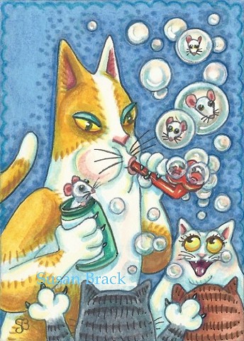 Hiss N' Fitz Cat Kitten Blowing Mouse Bubbles Susan Brack Art Feline Humor License EBSQ