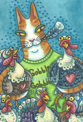 Hiss N' Fitz Cat Feline Rescue Thanksgiving Turkey Susan Brack Illustration Art ACEO EBSQ