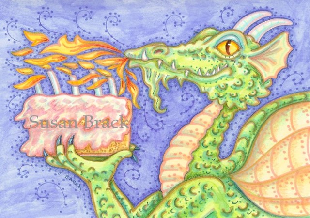 Dragon Birthday Cake Candles Medieval Susan Brack Art Artist Fantasy Humor Cartoon EBSQ