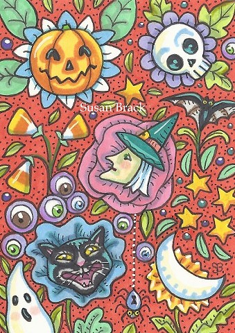 Repeat Design Halloween Witch Black Cat Spider Skull Susan Brack Folk Art License