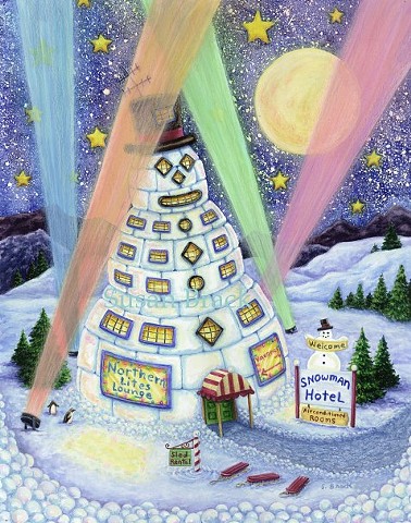Snowman Snow Hotel Northern Lights Christmas Susan Brack Holiday Art Humor License