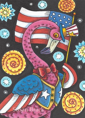 Pink Flamingo Bird Patriotic American Flag Holiday Susan Brack Art Illustration Licensing