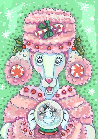 Peppermint Pink French Poodle Dog Snowman Snow Globe Susan Brack Christmas Art