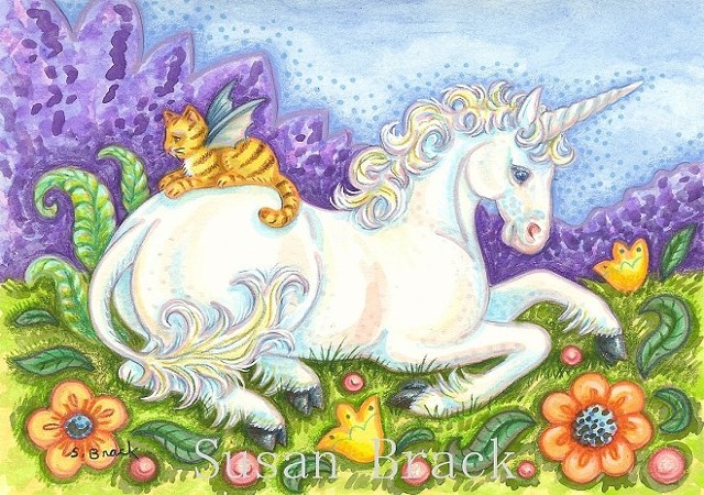Unicorn White Horse Pony Cat Bat Wings Fantasy Susan Brack Folk Art illustration License