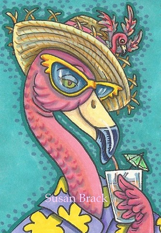 Pink Flamingo Bird Beach Vacation Drink Sunglasses Susan Brack Art Illustration Licensing