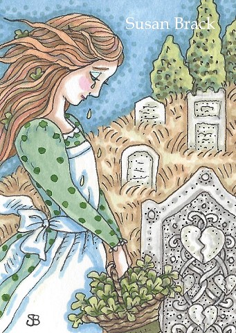 Cemetery Mourning Irish Lass Girl Shamrocks Grave Tears Susan Brack Art Ink