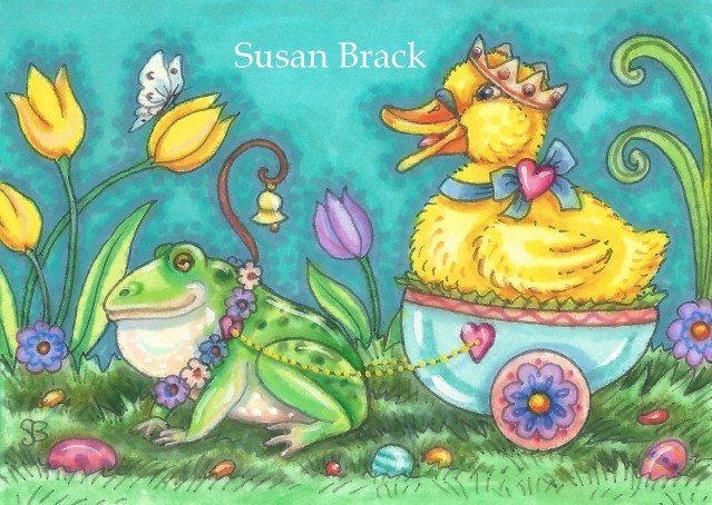 Easter Egg Cart Duck Duckling Frog  Holiday Fantasy Whimsy Spring Susan Brack Art