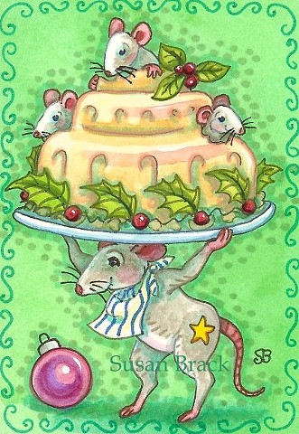 Christmas Pudding Mouse Mice Holiday Humor Holiday Susan Brack Art Illustration EBSQ