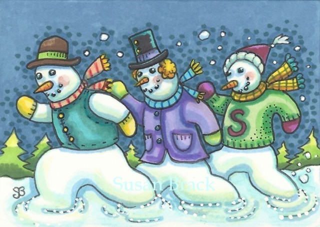 Christmas Snowman Running Snowmen Snow Winter Holiday Susan Brack Art EBSQ Humor