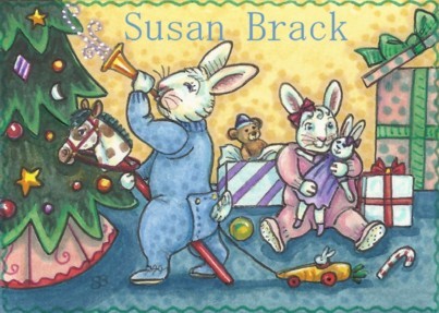 Bunny Rabbits Christmas Morning Tree Children Gifts Holiday Susan Brack