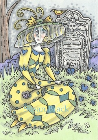 Cemetery Mourning Lover Woman Widow Grave Yellow Dress Susan Brack Art Illustration