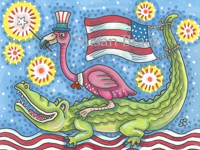 Fourth Of July Pink Flamingo Alligator Crocodile Croc Bird Susan Brack Art Holiday license
