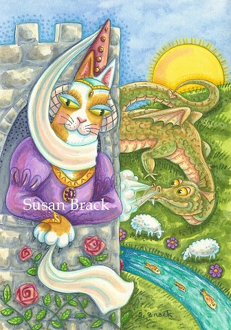 Hiss N' Fitz Cat Kitten Dragon Damsel Castle Fantasy Susan Brack Art Feline License EBSQ