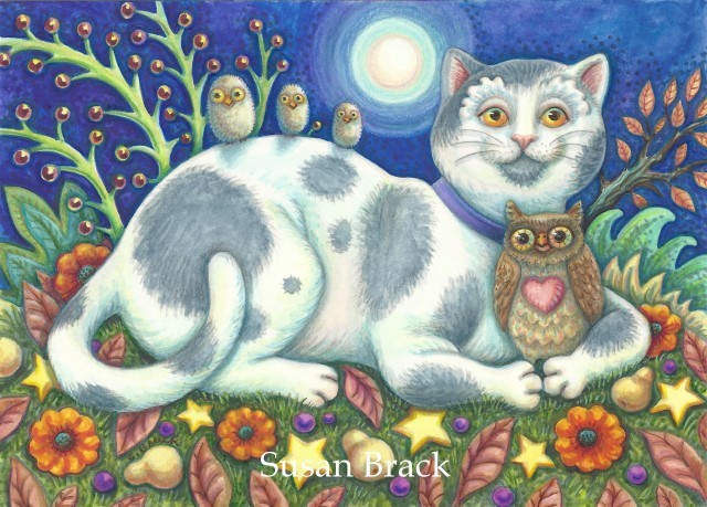 Cat Owls Owlets Bird Feline Folk Art Susan Brack Illustration License 