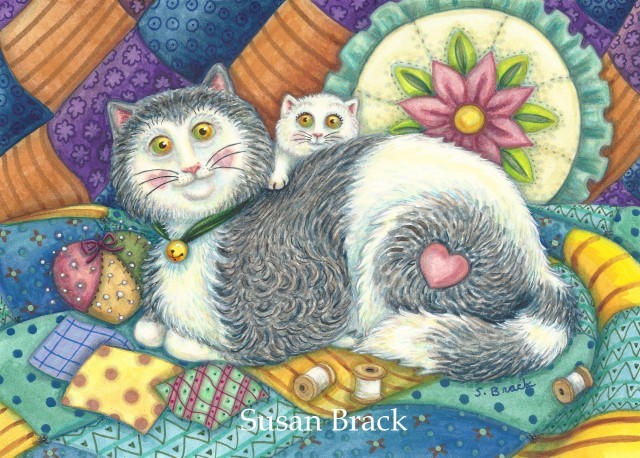 Mother Cat Kitten Feline Patchwork Quilts Portrait Susan Brack Folk Art License